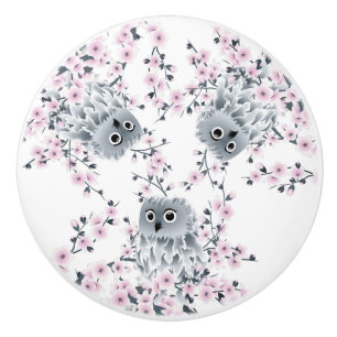 Bouton De Porte En Céramique Chouette Mignonne et Fleurs de Cerisier