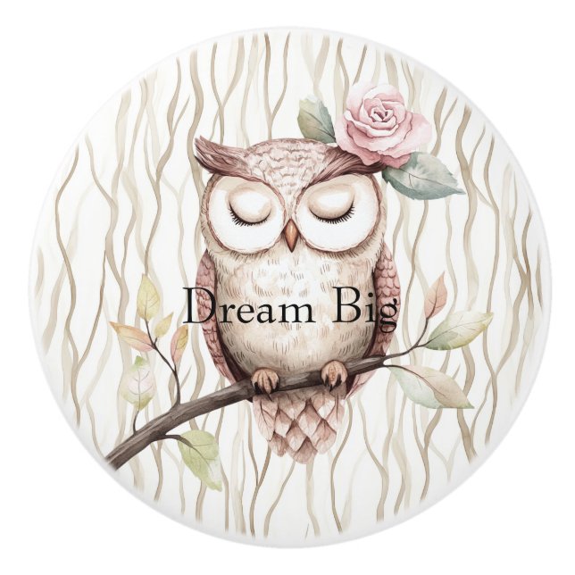 Bouton De Porte En Céramique Chouette rose enchantée (Devant)