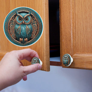 Bouton De Porte En Céramique Chouette Turquoise aux Yeux Brillants