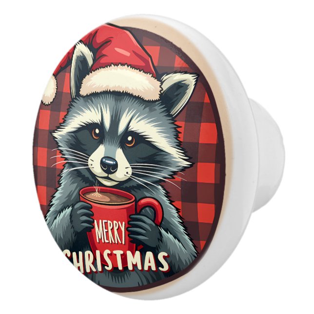 Bouton De Porte En Céramique Christmas Raccoon Cocoa Cheer (Droite)