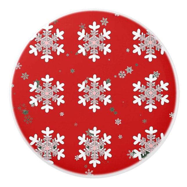 Bouton De Porte En Céramique Christmas Snowflakes On Red Drawer Pull Knob (Devant)