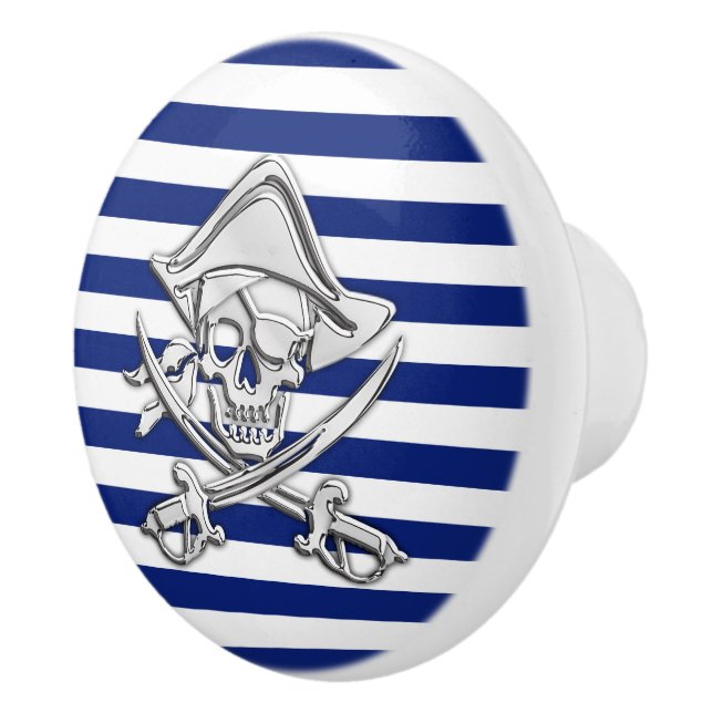 Bouton De Porte En Céramique Chrome Pirate sur la marine Nautique Bleu Stripes  (Droite)