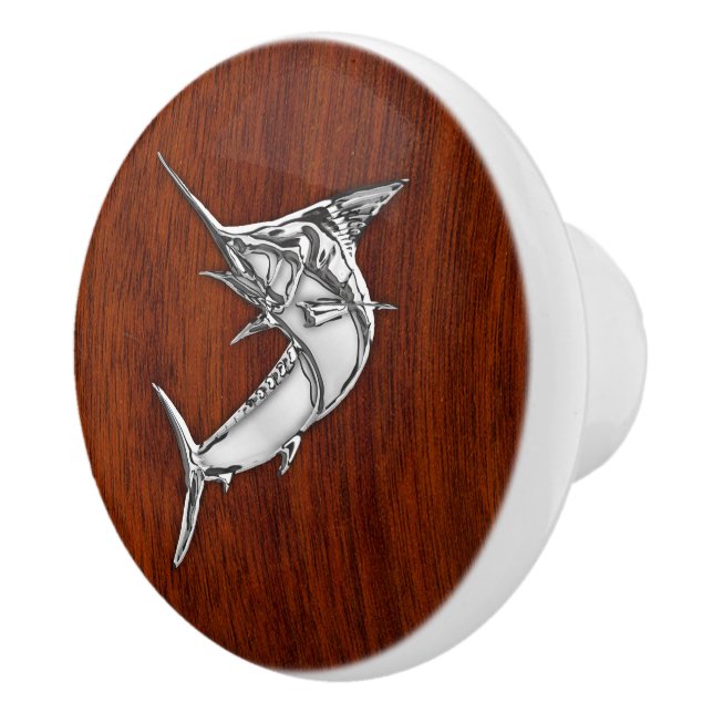 Bouton De Porte En Céramique Chrome Poisson Marlin sur le grain d'acajou Imprim (Droite)