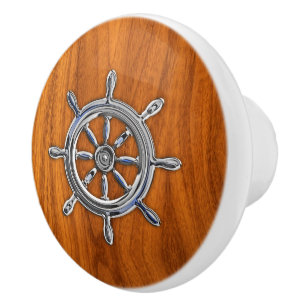 Bouton De Porte En Céramique Chrome Roue nautique sur le bois de teck Grains Im