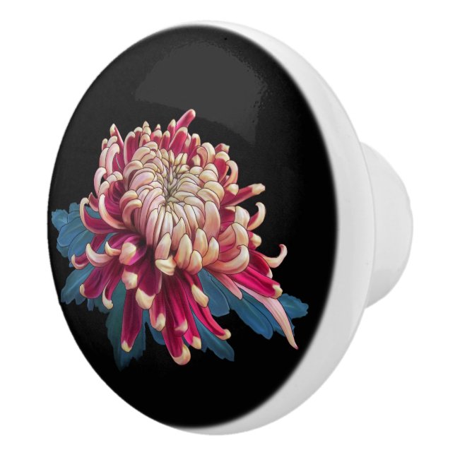 Bouton De Porte En Céramique chrysanthème japonais rouge et jaune noir (Droite)