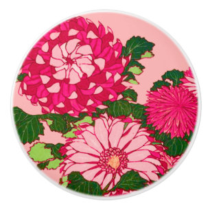 Bouton De Porte En Céramique Chrysanthèmes japonais, Fuchsia et Coral rose