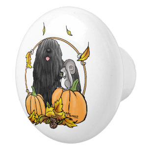Bouton De Porte En Céramique Chute Puli Chien (noir) Citrouille Feuille mignon