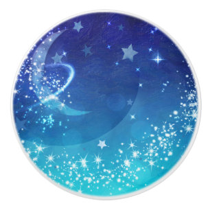 Bouton De Porte En Céramique Ciel Céleste Lune Étincelle & Étoiles Aquarelle