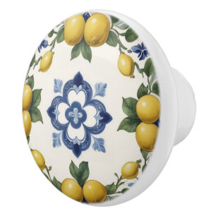 Bouton De Porte En Céramique Citrons et agrumes italiens avec Clocher bleu