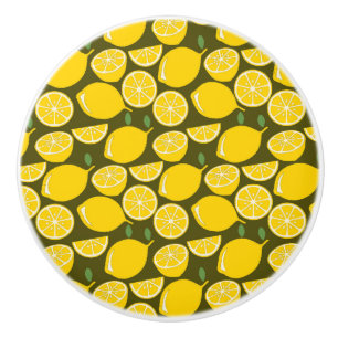 Bouton De Porte En Céramique Citrons jaunes et motif vert olive : Citrus modern