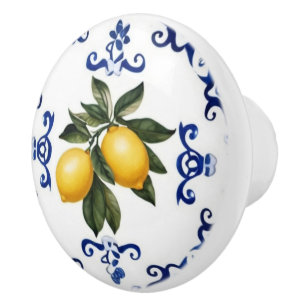 Bouton De Porte En Céramique Citrons méditerranéens avec bordure bleue et blanc