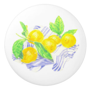 Bouton De Porte En Céramique citrons Meyer sur la serviette de cuisine