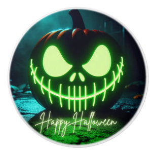 Bouton De Porte En Céramique citrouille d'Halloween vert éffrayant