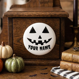 Bouton De Porte En Céramique Citrouille personnalisée Halloween nom noir et bla