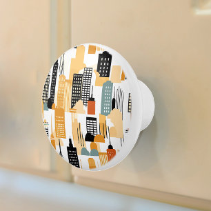 Bouton De Porte En Céramique Cityscape Noir Blanc Orange