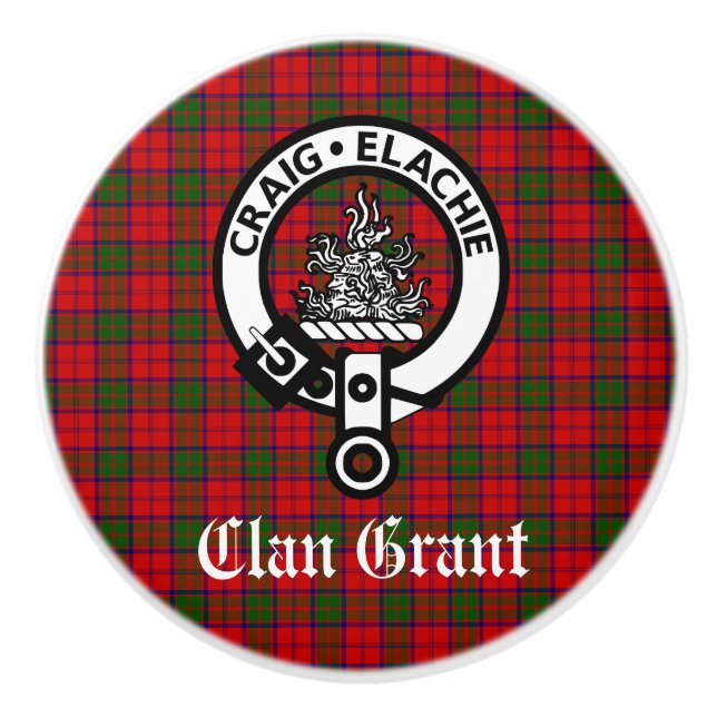 Bouton De Porte En Céramique Clan Grant Crest Badge et Tartan (Devant)