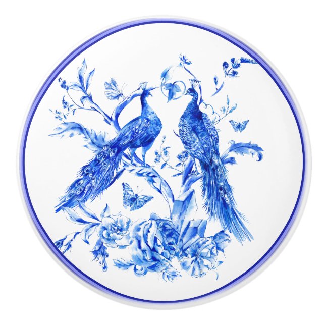 Bouton De Porte En Céramique Classic Porcelain Bleu Peacocks Arrière - plan bla (Devant)