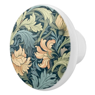 Bouton De Porte En Céramique Classique dessiné à la main Morris floral en bleu 