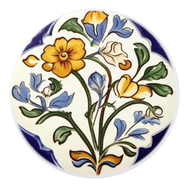 Bouton De Porte En Céramique Classique Fleur Jaune Bleu Floral (Devant)