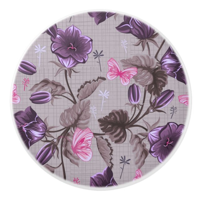 Bouton De Porte En Céramique cloches de main violettes et motif de papillons (Devant)