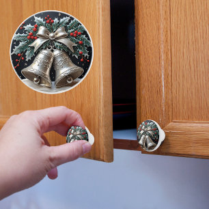 Bouton De Porte En Céramique Clochettes d'Argent et Noël de Houx