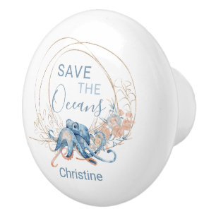 Bouton De Porte En Céramique Coastal Accueil aquarelle bleue Octopus nom person