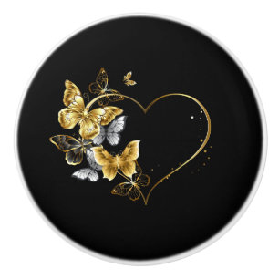 Bouton De Porte En Céramique Coeur aux papillons d'or