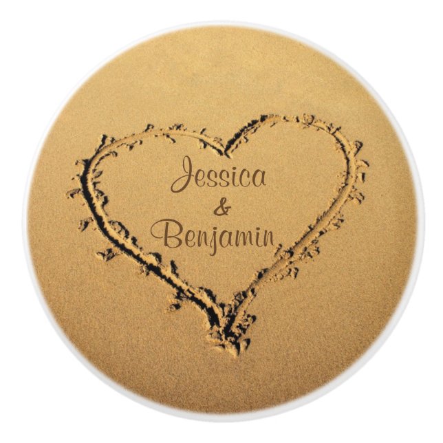 Bouton De Porte En Céramique Coeur d'amour aux noms personnalisés par plage (Devant)