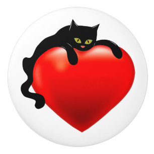 Bouton De Porte En Céramique Coeur de rouge de chat noir