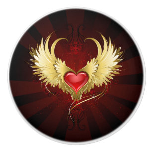 Bouton De Porte En Céramique Coeur rouge avec ailes d'or