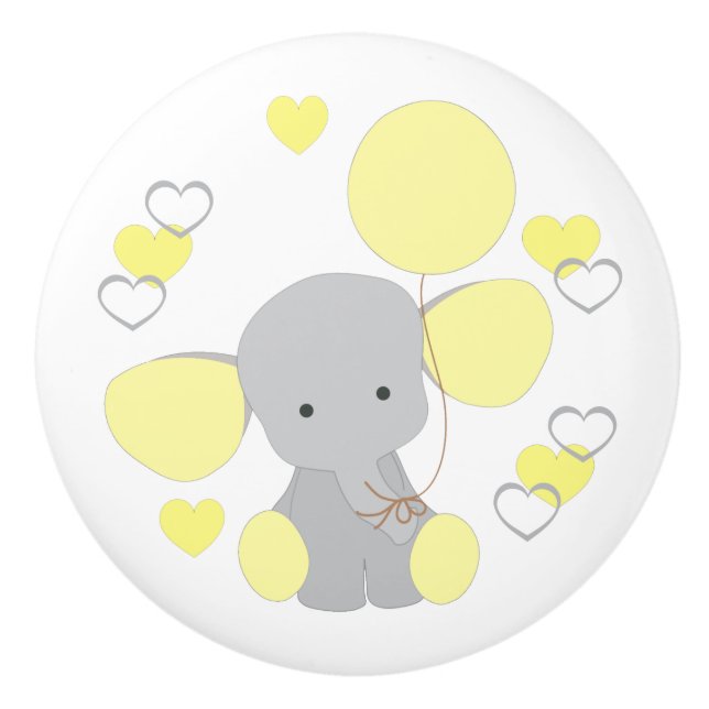 Bouton De Porte En Céramique Coeurs de ballons jaunes éléphants Baby Boy Nurser (Devant)