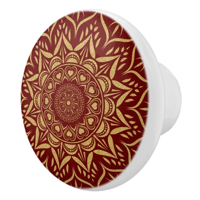 Bouton De Porte En Céramique Coeurs d'or mandala arrière - plan rouge (Droite)