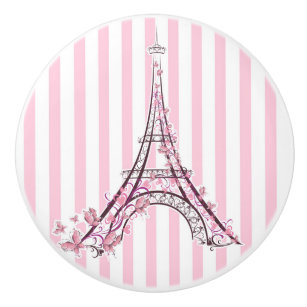 Bouton De Porte En Céramique Coeurs et papillons roses Paris Tour Eiffel