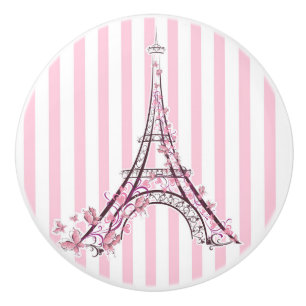 Bouton De Porte En Céramique Cœurs roses et papillons Paris Tour Eiffel Filles