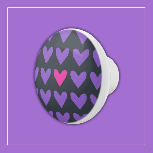 Bouton De Porte En Céramique Coeurs violets et roses chauds avec des rayures co