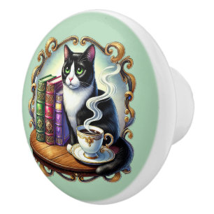 Bouton De Porte En Céramique Coin de lecture de livre de chat mignon amateurs d