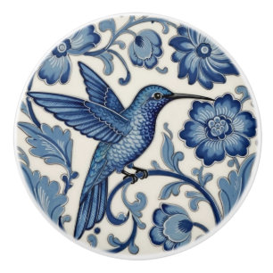 Bouton De Porte En Céramique Colibri Delft Bleu et Blanc Oiseau