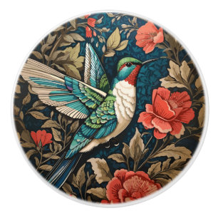 Bouton De Porte En Céramique Colibri élégant en vol Inspiré de William Morris