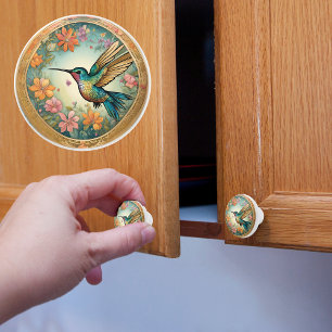 Bouton De Porte En Céramique Colibri encadré et en vol