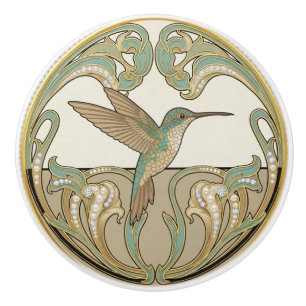Bouton De Porte En Céramique Colibri Sage Vert & Or Art Déco Nouveau