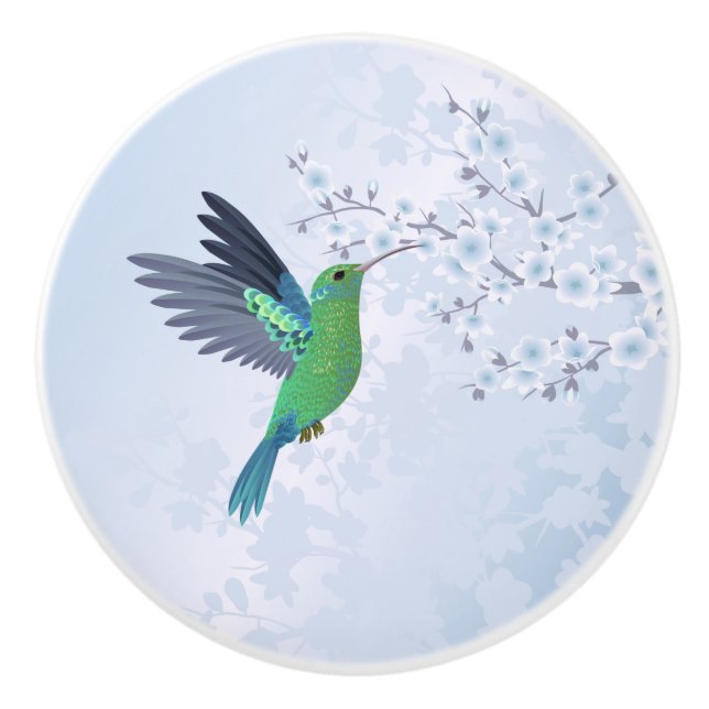 Bouton De Porte En Céramique Colibri Vert Avec Fleur De Cerisier Bleu (Devant)