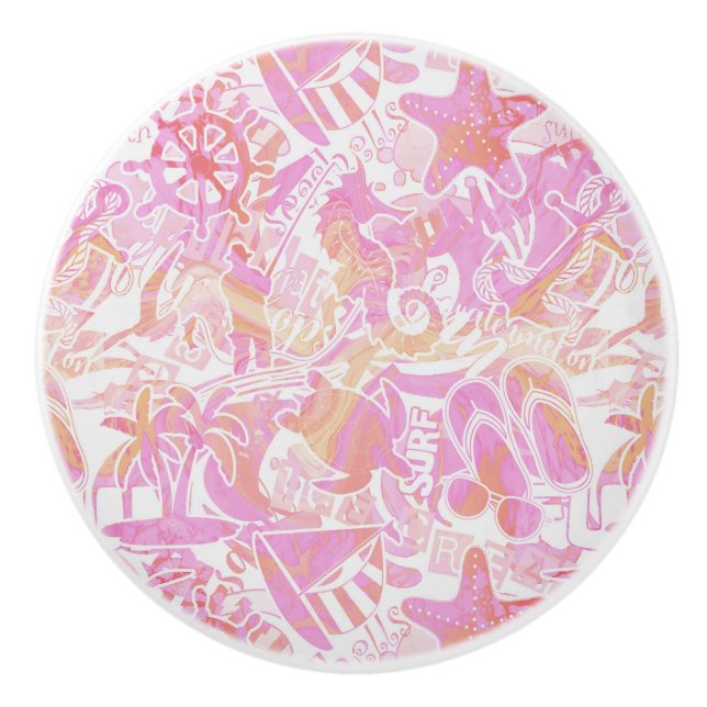 Bouton De Porte En Céramique Collage de plage nautique Hot Pink ID840 (Devant)