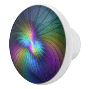 Bouton De Porte En Céramique Coloré avec de l'art fractal abstrait moderne bleu