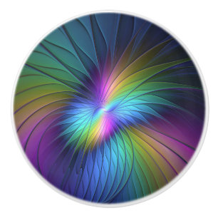 Bouton De Porte En Céramique Coloré avec de l'art fractal abstrait moderne bleu