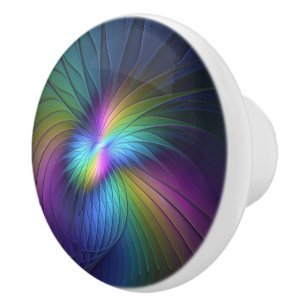 Bouton De Porte En Céramique Coloré Avec Un Art Abstrait Fractal Moderne Bleu