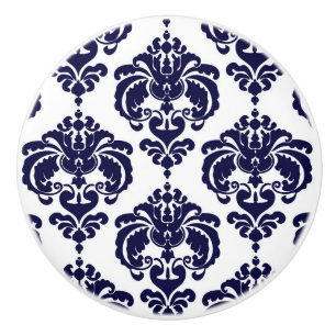Bouton De Porte En Céramique Commode élégante bleu marine et blanc damassé pour