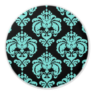 Bouton De Porte En Céramique Commode élégante en damas sarcelle aqua et noir po