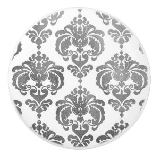 Bouton De Porte En Céramique Commode élégante en damassé argent et blanc pour c