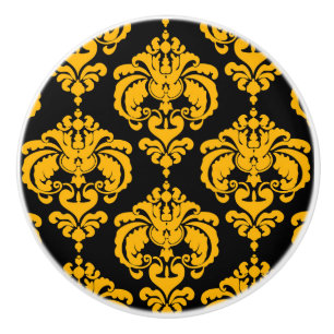 Bouton De Porte En Céramique Commode élégante jaune et noir damassé pour chambr