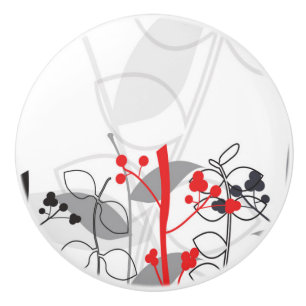Bouton De Porte En Céramique Commode Fleurie Botanique Rouge Noir Blanc Gris